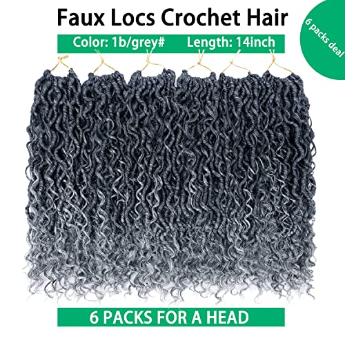 Faux Locs Crochet Hair 14 Inch Goddess Locs Ombre Grey Crochet Hair for Women 6 Packs Gray Soft River Curly Pre Looped Braids with Curly Ends Boho Hippie Synthetic Hair Extensions, 1b/grey