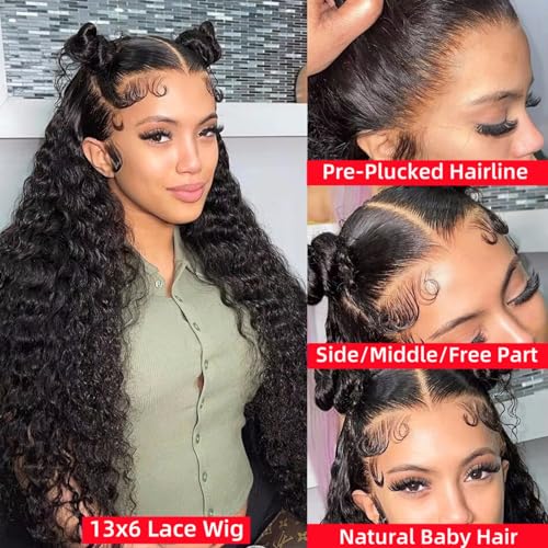 Nakkia 30 Inch Deep Wave Lace Front Wigs Human Hair 13x6 HD Transparent Lace Frontal Wig 180% Density Deep Curly Human Hair Pre Plucked Glueless Wigs for Women Natural Color
