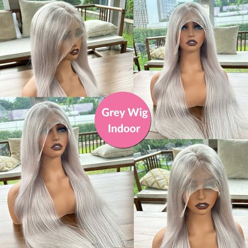 13x4 HD Lace Front Wigs Human Hair Silky Straight Glueless Gray Human Hair Wig 30 Inch Long Layered Grey Frontal Wigs Human Hair HD Lace Pre Plucked Silver Human Hair Wigs for Women 180% Density