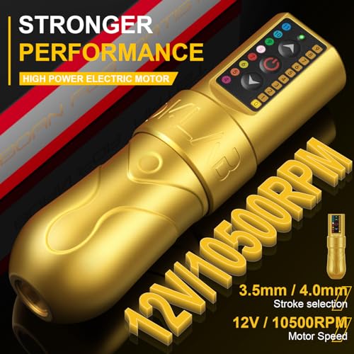 DKLAB New DK-W1 Wireless Tattoo Pen Gun Kit Machine with 2 pcs 2400 Batteries Power Supply Loaded Customized Brush-less Motor for Permanent Make Up Artists (Gold, 3.5mm Stroke)