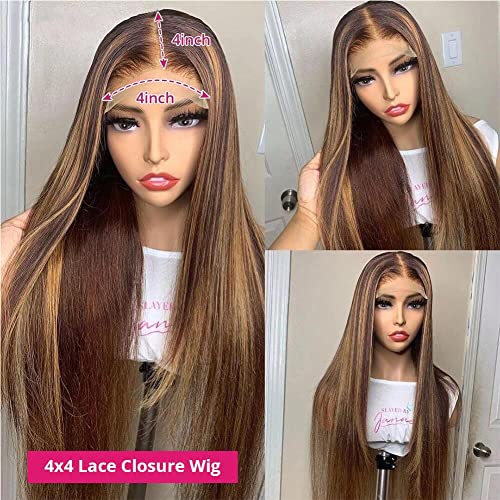 Ombre Highlight Lace Front Wig Human Hair Pre Plucked 4x4 HD Lace Closure Wigs with Baby Hair, 150% Density 4/27 Colored Honey Blonde Straight Lace Front Wigs Human Hair Wigs for Women 20 Inch