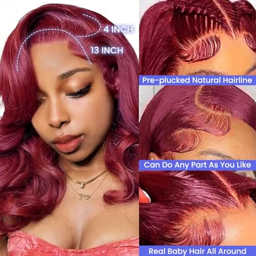 99J Burgundy Body Wave Bob Wig 13x4 HD Transparent Lace Front Wigs Human Hair Pre Plucked 180% Density Glueless Wigs Human Hair with Baby Hair for Women 14 Inch