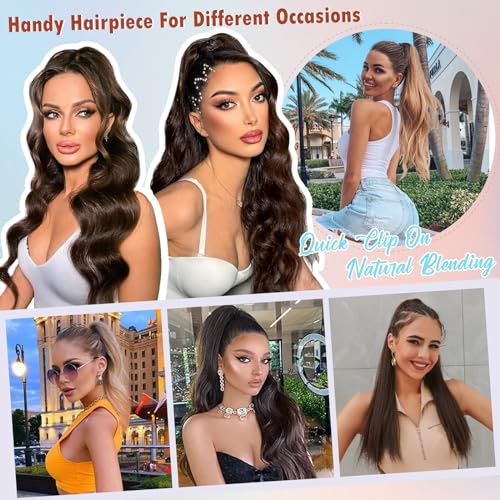 Hairro Claw Clip Ponytail Human Hair Extensions Jaw On Ponytails Remy Long Straight Jaw/Claw Clips Pony Tail Hairpieces For Women 20 Inch 120g #4P27 Medium Brown Mix Dark Blonde