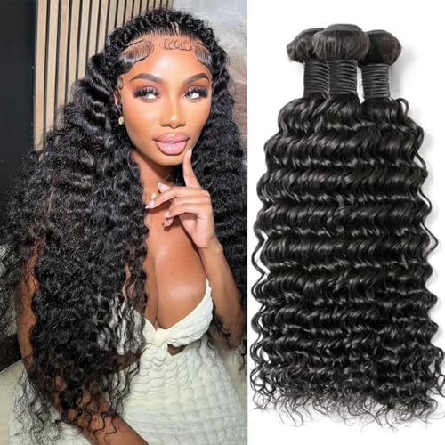 Deep Wave Human Hair Bundles 16 18 20 Inch 12A Unprocessed Brazilian Virgin Hair Deep Curly 3 Bundles Wet and Wave Hair Extensions Natural Colo