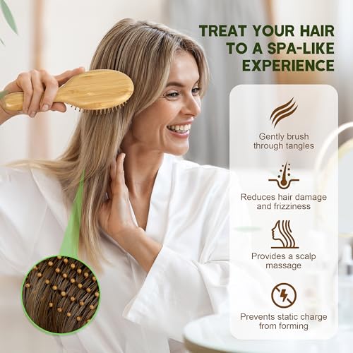 BFWood Bamboo Hair Brush for Hair Growth, Natural Wooden Brush and Detangle Tail Comb Set, Paddle Hairbrush for Massaging Scalp, for Women & Men