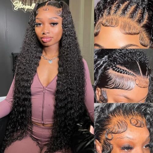 30 Inch Deep Wave Lace Front Wigs Human Hair Pre Plucked 13x6 HD Lace Front Curly Wigs Human Hair 200% Density Glueless Frontal Wigs Curly Wig for Women Natural Black