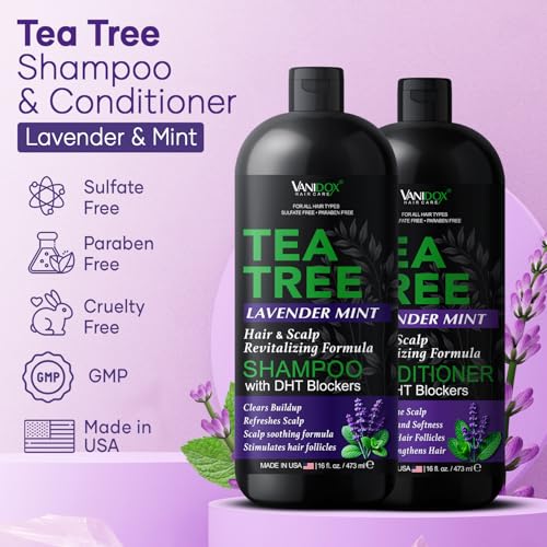 Tea Tree Shampoo and Conditioner Set with Lavender and Mint | DHT Blockers | With 100% Pure Tea Tree Oil for Itchy, Dry Scalp | Sulfate & Paraben Free | For Men & Women | 16 fl oz Each