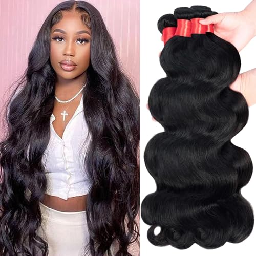 Douyin Brazilian Body Wave 4 Bundles Human Hair 22 24 26 28 Inch 12A 100% Unprocessed Virgin Human Hair Weave Bundles Deal Natural Black Color (22 24 26 28)