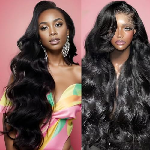 34 Inch Body Wave Lace Front Wigs Human Hair Pre Plucked 180% Density 13x4 Transparent HD Lace Front Wigs for Women Glueless Frontal Wigs with Baby Hair Natural Black Human Hair Wig