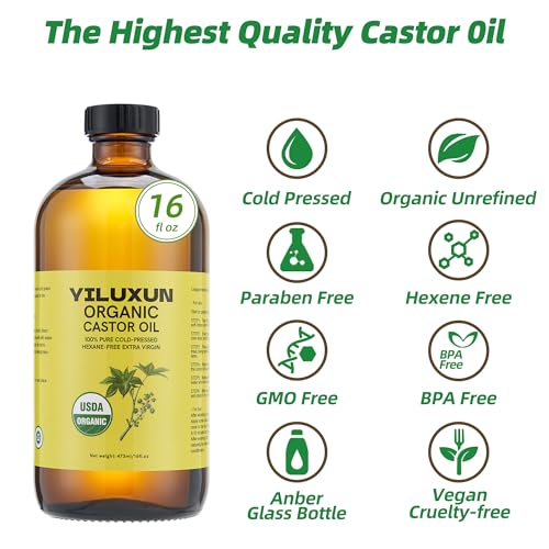50Pcs Castor Oil Pack Wrap with 16oz castor oil Organic Cold Pressed Unrefined Glass Bottle,Disposable Castor Oil Patches for Belly Button,Stomach,Knee,Feet,Entire Body