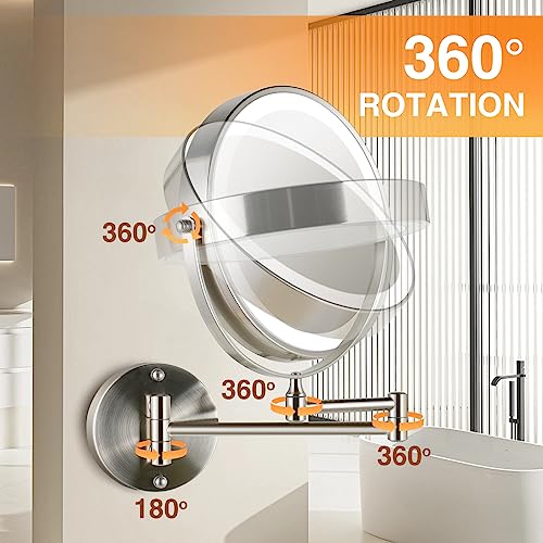 8.5 Inch Rechargeable Wall Mounted Makeup Mirror Brushed Nickel, Double Side Dual-Touch 1X/10X Magnifying Mirror with Light, 3 Color Lights 360¡ÆSwivel Extendable Bathroom Mirror