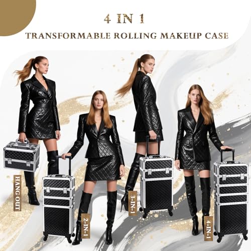 Stagiant Rolling Makeup Case Cosmetology Case on Wheels 4 in 1 Large Cosmetic Organizer Train Case Makeup Travel Case with Key Swivel Wheels Nail Artist Salon Storage Traveling Cart Trunk Black