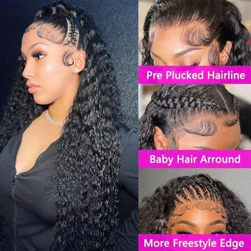 34 Inch Water Wave Lace Front Wig Human Hair 200% Density 13x6 HD Lace Front Wigs Human Hair Pre Plucked with Baby Hair Curly Lace Front Wigs for Women