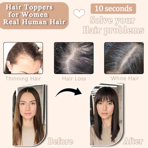 Hair Toppers for Women Real Human Hair,360¡Æ3D Big Basement Cover Topper for Women with Thinning Crown with Wispy Clip in Bangs Realistic Scalp (Medium brown, 3D Wispy Bangs 18INCH)