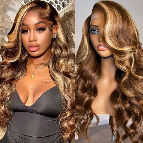 Ombre Highlight Lace Front Wigs Human Hair Honey Blonde 5x5 Pre Cut Lace Front Wigs Human Hair 5x5 HD Lace Closure Wigs For Women 4/27 Glueless Bouncy Body Wave Lace Frontal Wig 180 Density 28 Inch