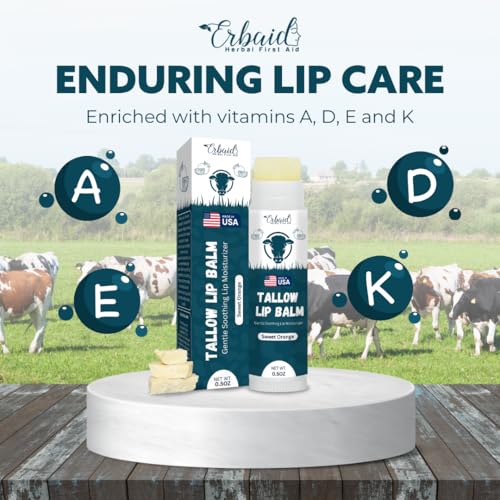 Beef Tallow Lip Balm ? Natural Tallow Beeswax Chapstick ? Hydrating Moisturizer Grass Fed Tallow Balm Lip Care ? Soothes Chapped, Dry Lips, Sensitive Skin ? Long Lasting Vitamin Rich USA-Made Orange