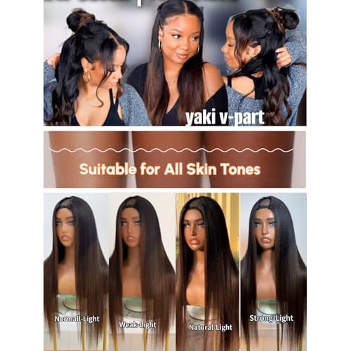 Julia Hair V Part Yaki Glueless Human Hair Wig Seamless Edge Clip in Half Wig Vpart Wigs No Sew in No Glue Ombre Chestnut Brown Upgrade U Part No Leave Out Beginner Friendly 22 Inch
