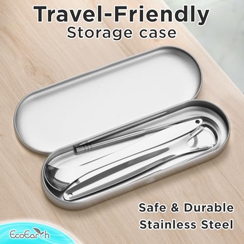 Tongue Scraper for Adults - 3 Pcs Metal Tongue Cleaner with Silver Storage Case - Tough Stainless Steel Mouth Scrubber for Fresh Breath & Oral Hygiene - by EcoEarth