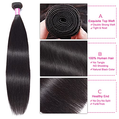 FQ Peruvian Straight Human Hair Bundles with Closure(20 22 24+16 Closure) Unprocessed Virgin Human Hair 3 Bundles with Closure 10A Straight Hair Wave Bundles with Lace Closure
