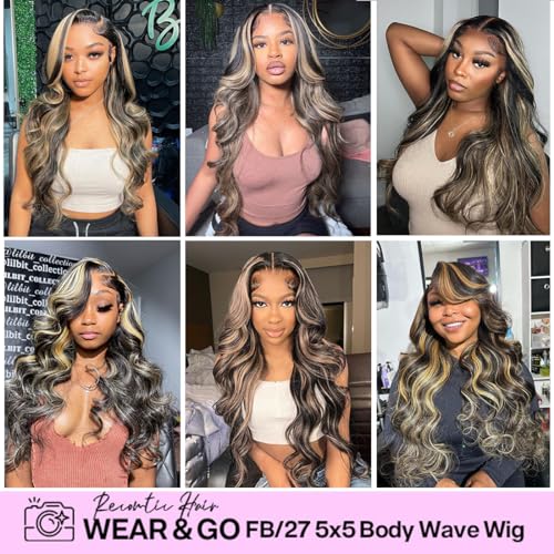Wear and Go Glueless 5x5 Honey Blonde Wigs Human Hair Pre Plucked Cut 1B/27 Body Wave Lace Front Wigs Human Hair for Black Women 180% Density 28Inch