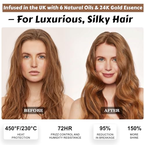 24K Gold Hair Oil Made in the UK ? Repair & Shine Serum with Coconut, Argan & Olive Oils ? Vegan Heat Protectant, Frizz Control for Dry, Damaged Hair (2.02 Fl Oz (Pack of 1))