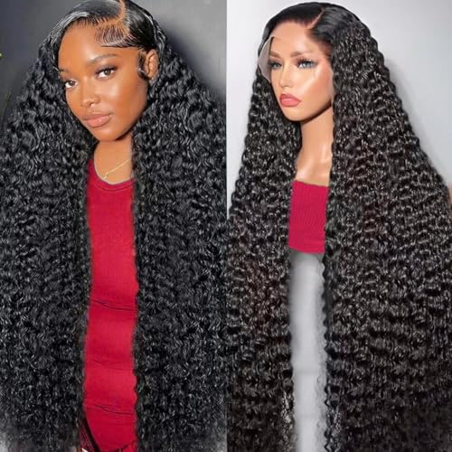 Deep Wave Lace Front Wigs Human Hair Pre Plucked 180 Density 13x4 HD Transparent Lace Frontal Wigs for Black Women Deep Curly Human Hair Lace Front Wigs (28 Inch)