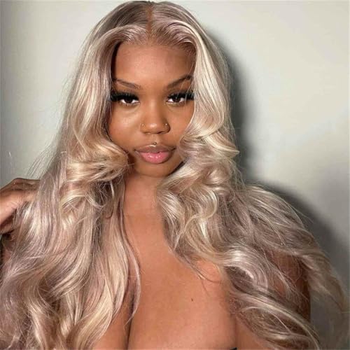 Rina 200% Density Milk Tea Ash Blonde Lace Front Wig Human Hair Upgrades Body Wave Platinum Grey Balayage Lace Front Wig More Full and Thicker 13x4 HD Invisible Frontal Wig for Women 26 Inch