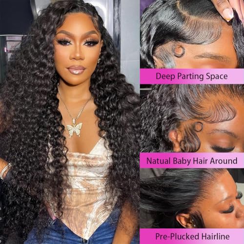 30 Inch Deep Wave Lace Front Wigs Human Hair 200 Density 13x6 HD Lace Frontal Wigs Human Hair Pre Plucked Deep Curly Glueless Wigs Human Hair for Women Natural Black