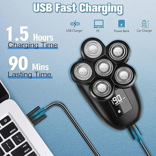 Head Shaver for Bald Men, 6-in-1 Electric Shaver for Bald Head 6D Wet/Dry Waterproof Mens Electric Razor Head Shavers with Grooming Kit Cordless Rechargeable Face Head Shaving Rotary Shavers Blue
