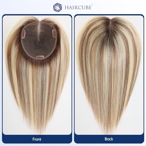 HAIRCUBE Human Hair Toppers For Women 6"*5" Large Base Real Human Hair With Thinning, 14 Inch For Hand-Woven, 60g, Use Daily, Hairloss, Ombre Light Ash Blonde, With Bangs