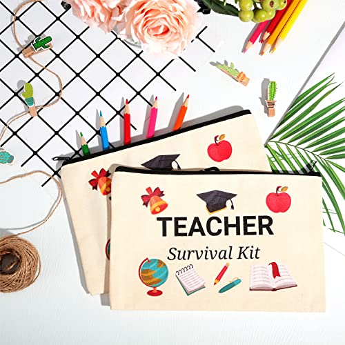 Dunzy 50 Pcs Teacher Survival Kit Makeup Bags Teacher Appreciation Gifts Bulk Cosmetic Bag Canvas Travel Toiletry Case with Zipper Pencil Pouch for Graduation Back to School