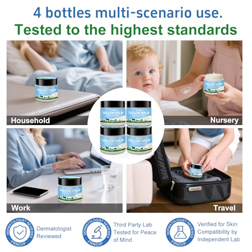 4-Pack Organic Grass-Fed Beef Tallow & Honey Balm for Face & Body | Sensitive Skin Face Moisturizer for Kids & Adults | Raw Wild Honey, Non-Greasy Eczema-Safe Formula (8oz) - Deep Hydration
