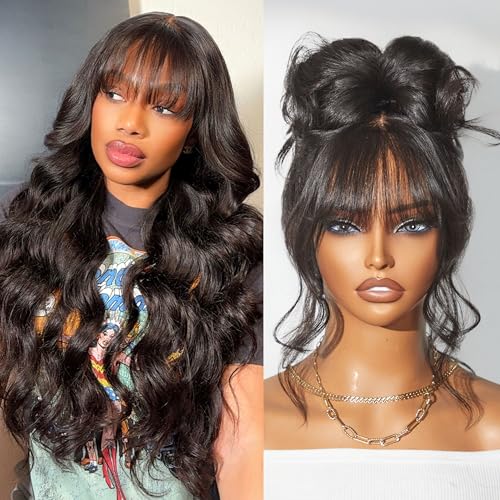 LUVME HAIR 7x6 HD Lace 2.0 Upgrade All-Day Comfort Wig with Bangs 200% Density Hair PartingMax Lace Wigs Loose Body Wave Lace Front Wigs Human Hair Pre Cut Plucked Lace Frontal Glueless 16 Inches