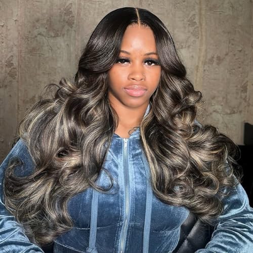 13x6 Ombre Black to Balayage Highlights Lace Front Human Hair Wig 210% Density Loose Body Wave Black to Ash Blonde Highlight Tone Wig Custom Hd Lace Wig Pre Plucked for Any Occasions 26Inch