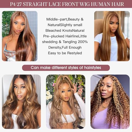 IWISH Ombre Lace Front Wig Human Hair 26 Inches 200% Density 13x6 Straight Highlight Lace Frontal Human Hair Wigs P4/27 Colored Wigs for Women