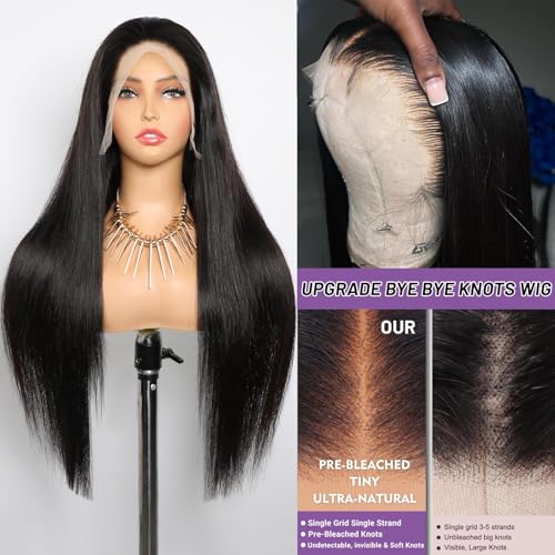 220% Density 13x6 Straight Lace Front Wigs Human Hair HD Transparent Pre Plucked Bleached Tiny Knots 13x6 Full Lace Frontal Wig Upgraded 14A Brazilian Virgin 13x6 Lace Front Wigs Human Hair 20 Inch