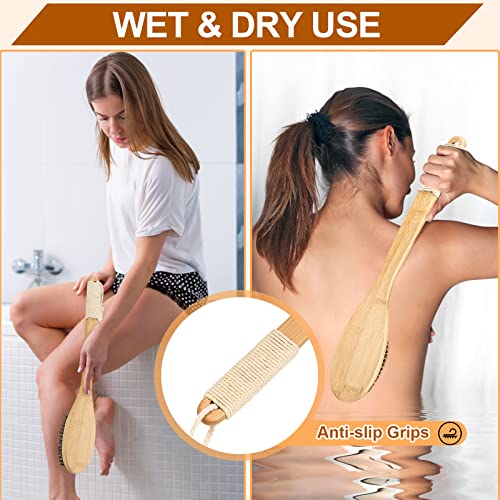 Bamboo Shower Brush with Curved Long Handle, 16.7 Inches Exfoliating Back Scrubber with Natural Bristles for Men & Women, Back Exfoliator Body Washer for Bath or Dry Brushing