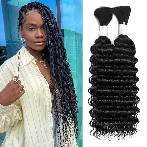 Human Braiding Hair for Boho Braids 100g 26 Inch Deep Wave Bulk Human Hair 100% Unprocessed 12A Brazilian Virgin Boho Hair for Braiding Knotless 2 Bundles/Pack Natural Color