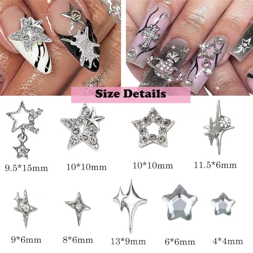 55pcs Y2K Star Nail Charms - 3D Nail Art Charms, Silver Star Rhinestones for Women & Girls (9 Styles)