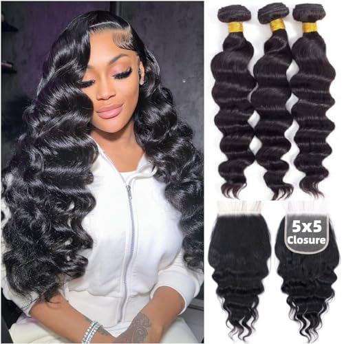 12A Human Hair 3 Bundles with 5x5 HD Lace Closure (16 18 20 +16) 100% Unprocessed Brazilian Virgin Remy Hair Loose Wave Human Hair Bundles with Closure Natural Color