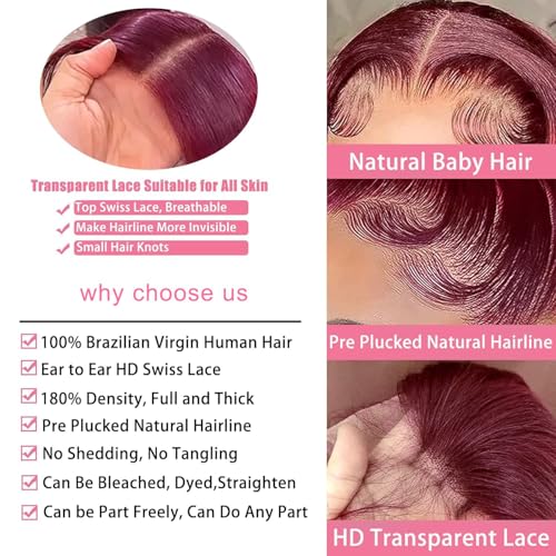 13x4 burgundy lace front wigs human hair Pre Plucked 180 Density HD Body Wave Lace Front Wigs Human Hair Pre Plucked Bleached Knots Transparent Frontal Wigs Human Hair(32inch)