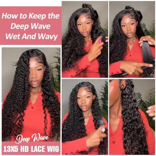 Keshon Deep Wave Frontal Wigs Human Hair 200% Density 13x5 Deep Wave Lace Front Wigs Human Hair HD Transparent Lace Frontal Wig Pre Plucked with Baby Hair Natural Color 24 inch