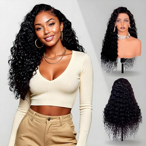 Deep Wave Lace Front Wigs Human Hair 200 Density 24 Inch Curly Human Hair Wig for Black Women 6x5 HD Lace Bye Bye Knots Glueless Frontal Wigs Pre Plucked