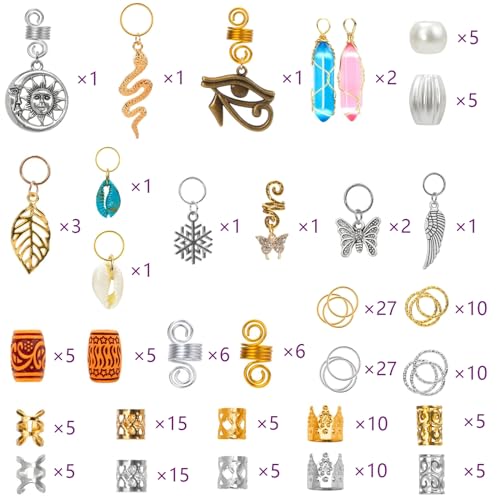200 Pcs Hair Beads Jewelry, Dreadlock Jewelry for Hair Braids, Hair Accessories Gem Crystal Hair Charms, Metal Hair Coils Rings, Gold and Silver Hair Pendants, Braid Cuffs, Clips