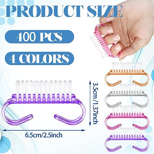 Bokon 400 Pcs Handle Grip Nail Brush Bulk Nail Scrub Brush Nail Brush for Toes and Nails Cleaner, Pedicure Scrubbing tool kit for Men and Women(Colorful)