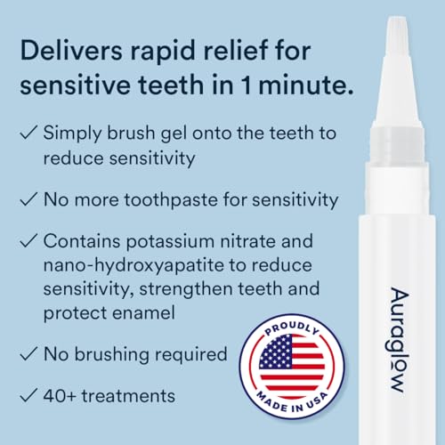 Auraglow Sensitive Teeth Relief Serum Gel, Reduces Tooth Sensitivity with Potassium Nitrate and Nano Hydroxyapatite, Remineralization Gel, Strengthens Teeth & Protects Enamel, 40+ Treatments, 4ml