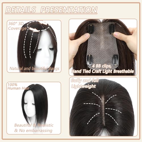 Hair Toppers for Women Real Human Hair,360¡Æ3D Big Basement Cover Topper for Women with Thinning Crown with Wispy Clip in Bangs Realistic Scalp (Dark brown, 3D Wispy Bangs 14INCH)
