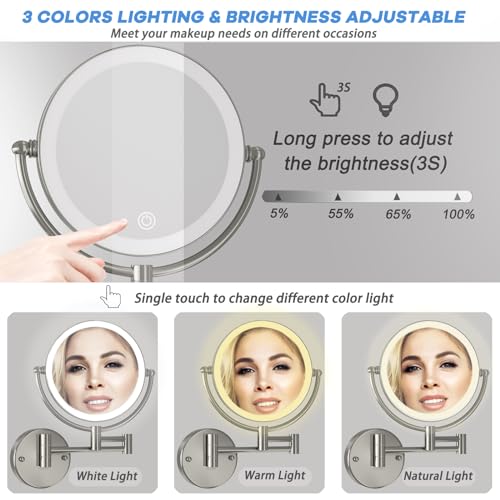 Wall Mounted Lighted Makeup Vanity Mirror with Magnification, 8 Inch Double Sides 10X Magnifying Bathroom Mirror 3 Color Lighting Touch Dimming, Extended Arm Shaving Mirror Hard Wired, Brushed Nickel