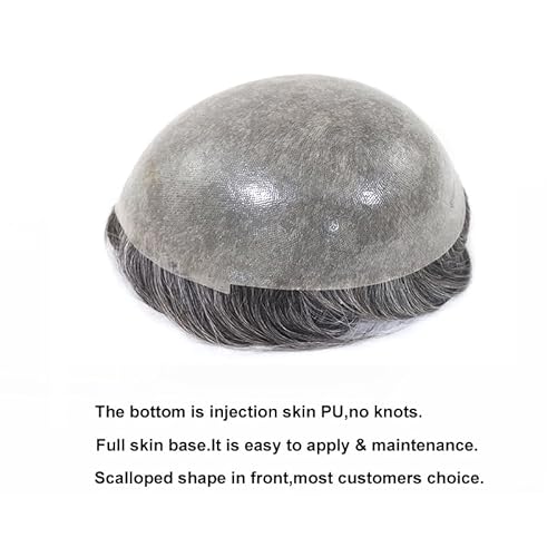 0.03mm Thin Skin Human Hair Men Toupee Full PU Base Hairpiece For Men Wig Grey Color Natural Wave Styles Human Hair Men's Wigs Replacement Systems 8x10 Size (1B50)