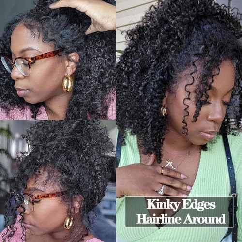 4C Curly Edges Deep Curly 360 Lace Front Wigs Human Hair 180% Density Glueless Pre Plucked Bleached Knots 360 Kinky Curly Lace Front Wig Human Hair With 4C Edges (14inch)